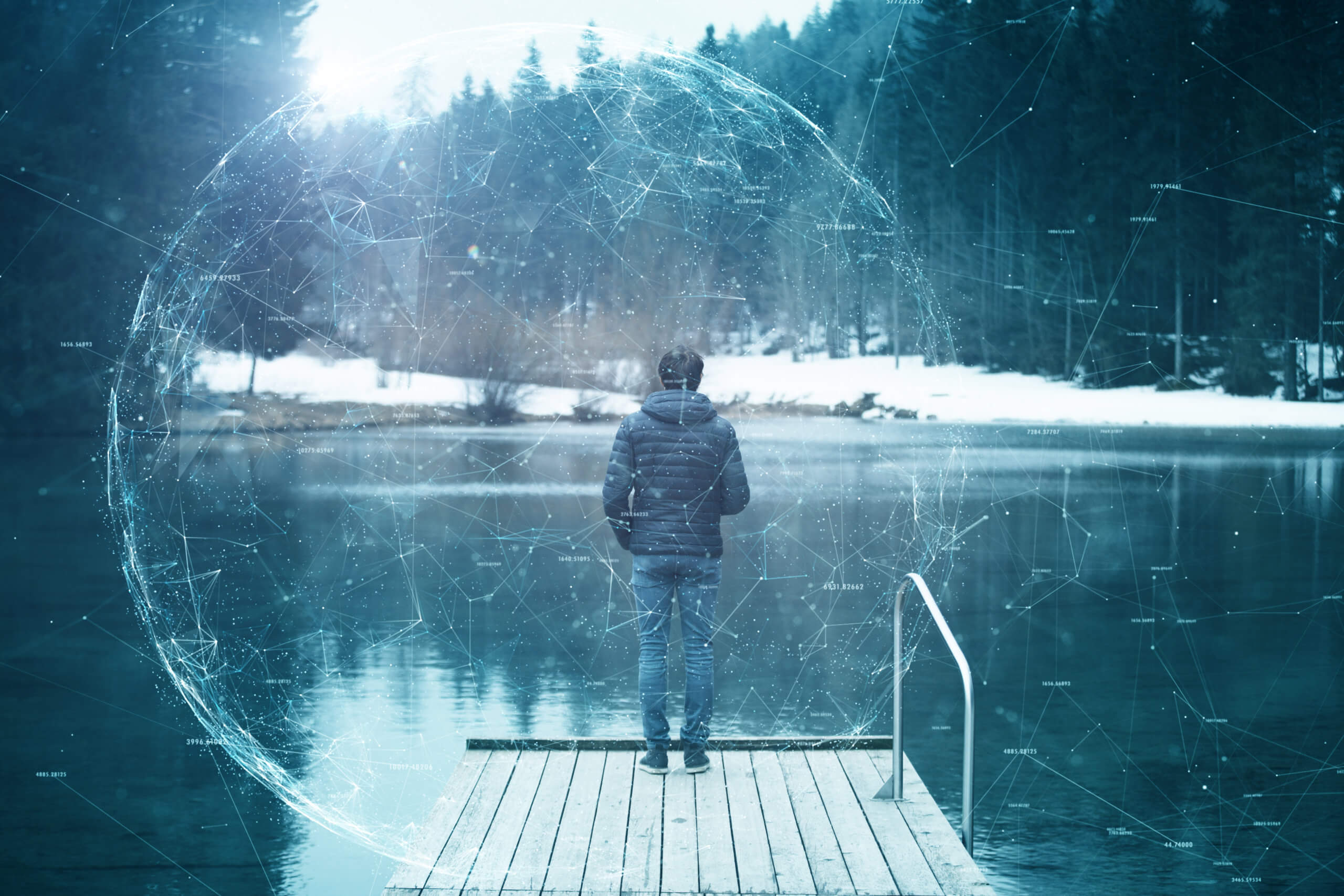 Back view of a man stands on wooden pier with futuristic cyberspace network background.